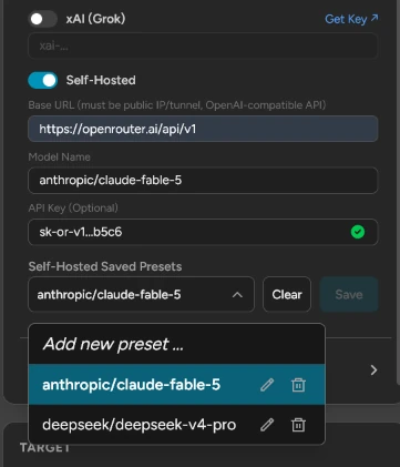 Saved presets for self-hosted models