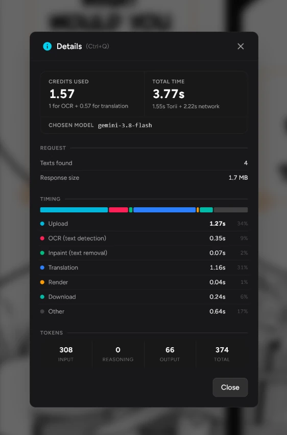 The translation details panel, showing credits, timing and tokens