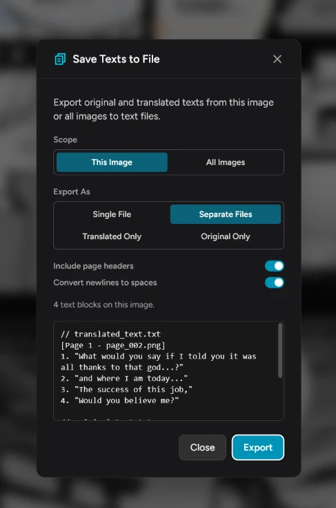Exporting original and translated text to files