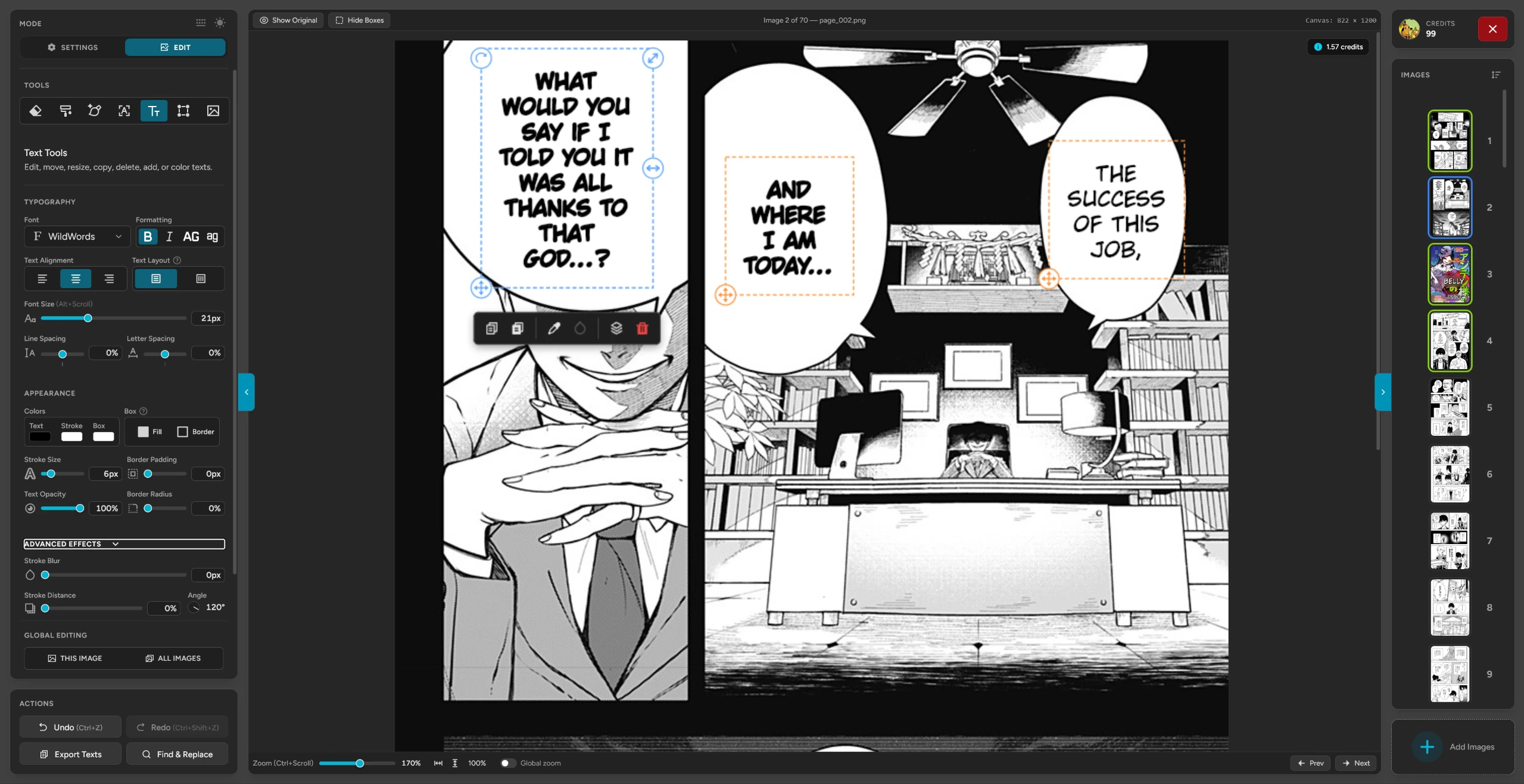 Several text boxes selected at once, with the floating options bar
